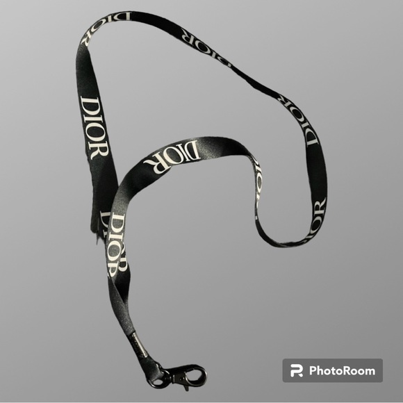 DIOR Logo Lanyard Black White Ribbon With Black Tone Metal Sunglasses Holder - Picture 2 of 5